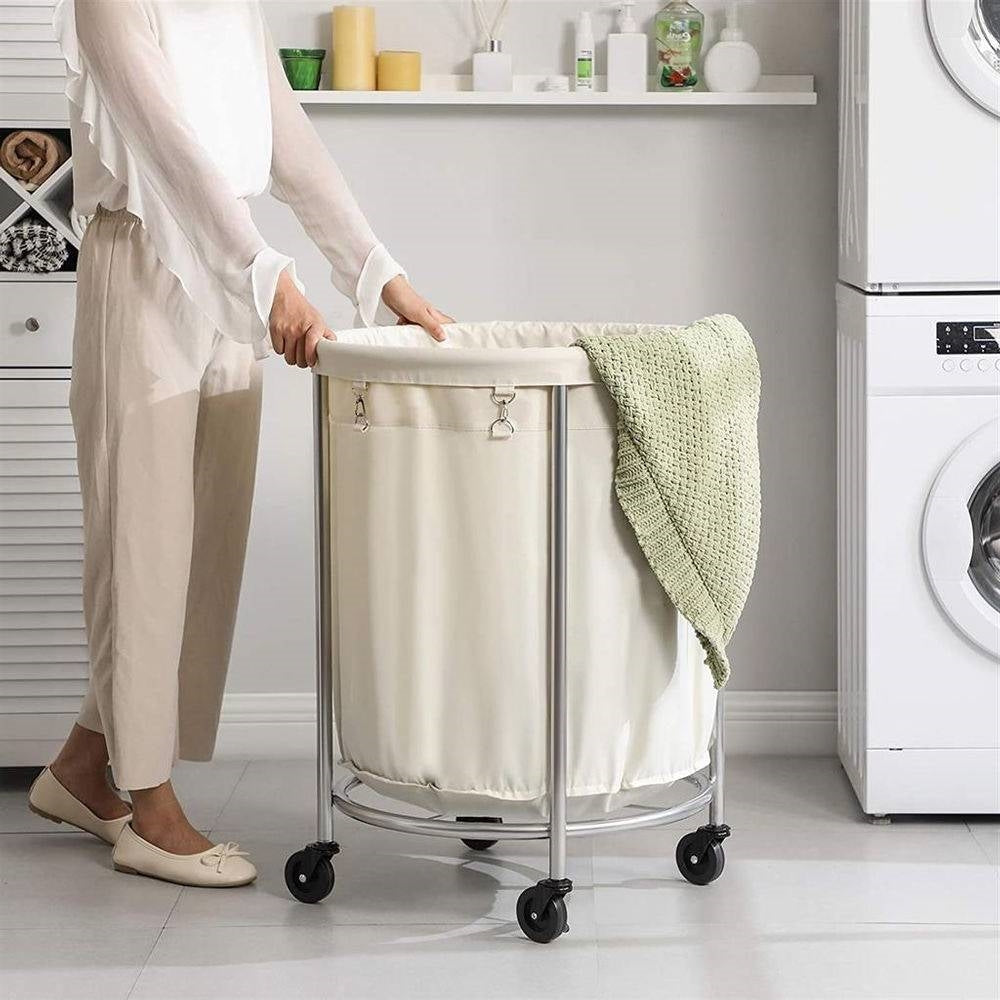 Round 45-Gallon Laundry Hamper - Cream Fabric Bag, Steel Frame on Wheels – Duvencioglu