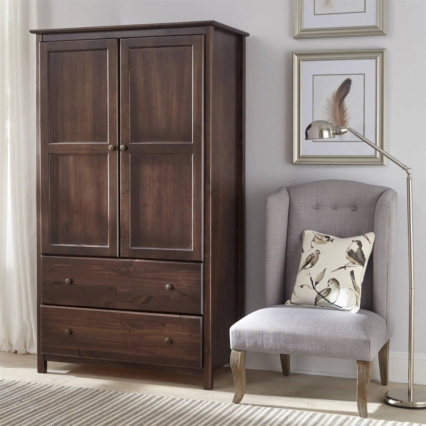 Solid Wood Bedroom Armoire - Espresso Finish Wardrobe with Hanging Bar