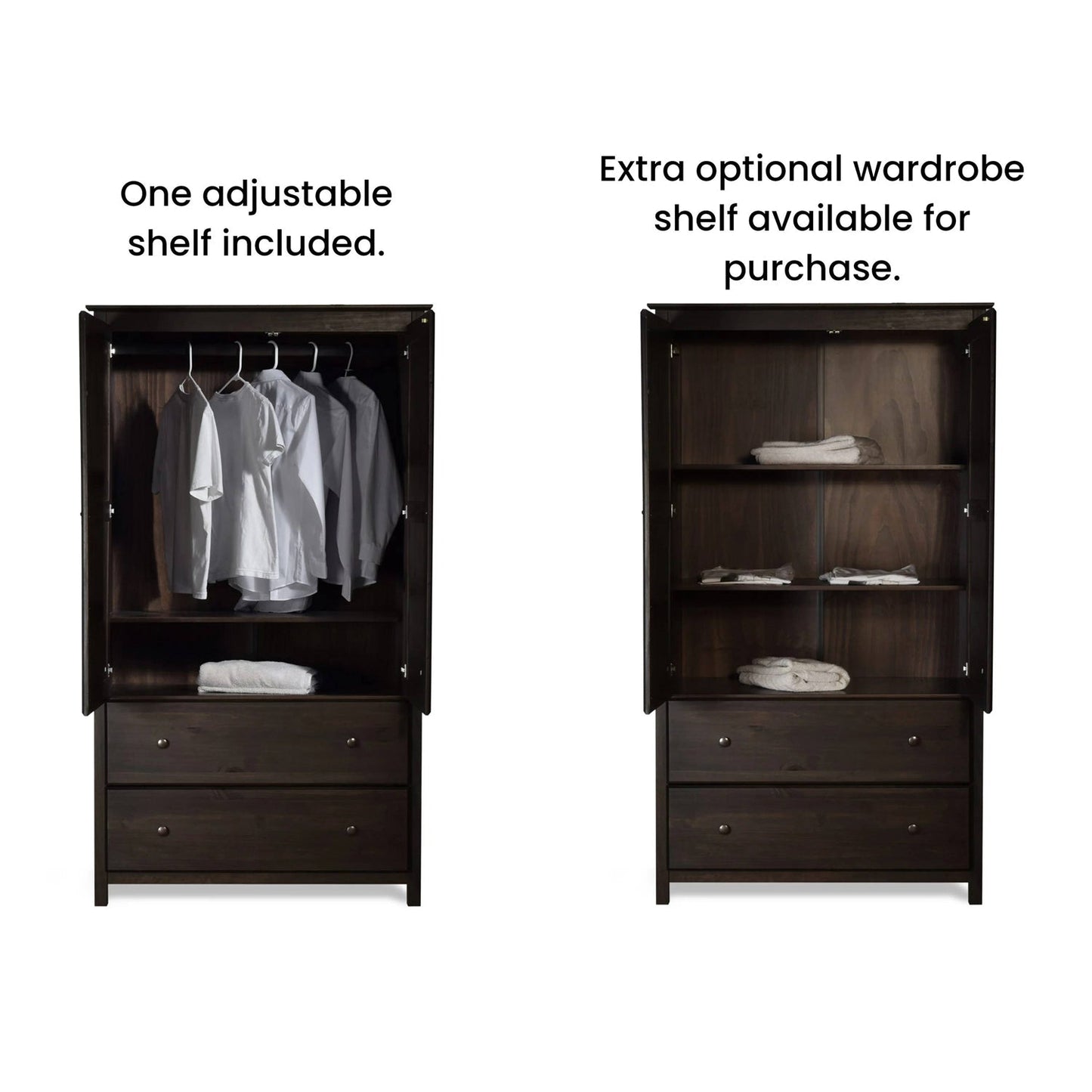 Solid Wood Bedroom Armoire - Espresso Finish Wardrobe with Hanging Bar
