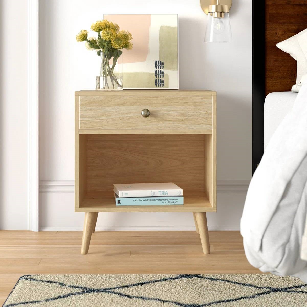 Mid-Century Modern 1-Drawer Nightstand - Natural Straw Yellow Wood Finish – Duvencioglu