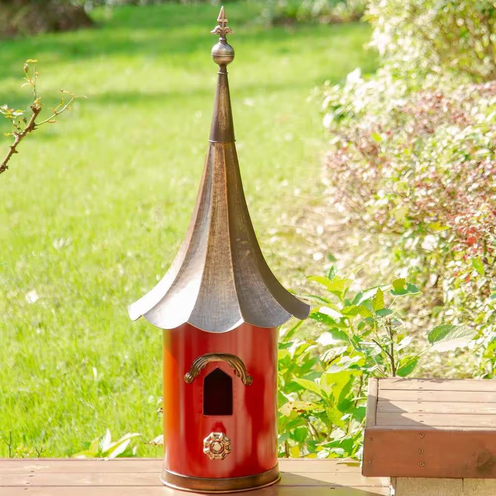 Unique Red Metal Birdhouse - Copper Gramophone Roof & Pagoda Style – Duvencioglu