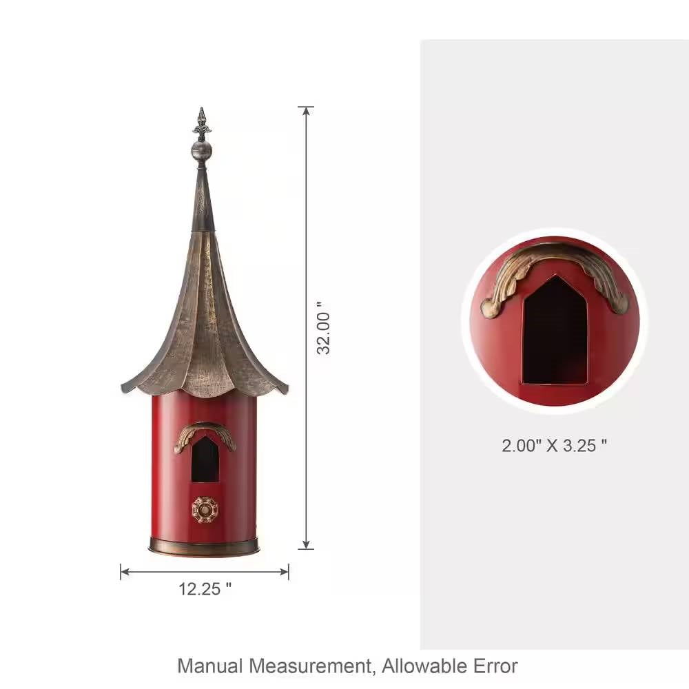 Unique Red Metal Birdhouse - Copper Gramophone Roof & Pagoda Style – Duvencioglu