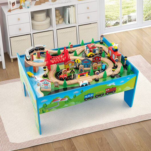 80-Piece Wooden Train Set & Activity Table - Reversible Top & Storage – Duvencioglu