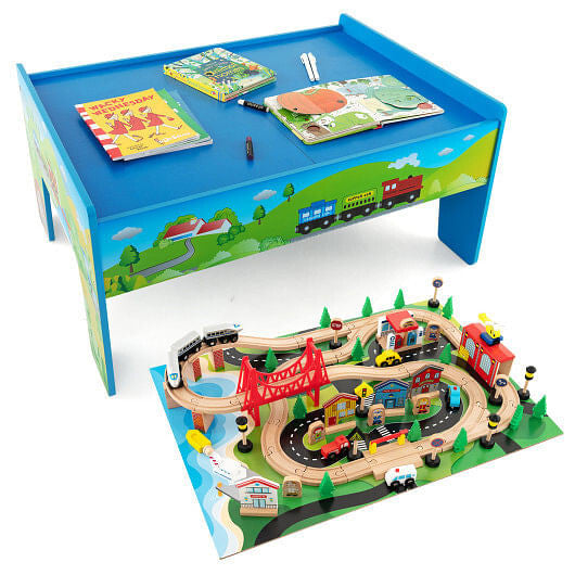 80-Piece Wooden Train Set & Activity Table - Reversible Top & Storage – Duvencioglu