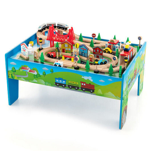80-Piece Wooden Train Set & Activity Table - Reversible Top & Storage – Duvencioglu