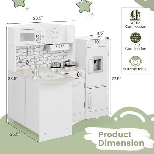 Conor L-Shape Kids Kitchen Playset - White Wood Toy with Realistic Microwave & Oven – Duvencioglu