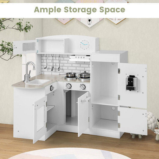 Conor L-Shape Kids Kitchen Playset - White Wood Toy with Realistic Microwave & Oven – Duvencioglu