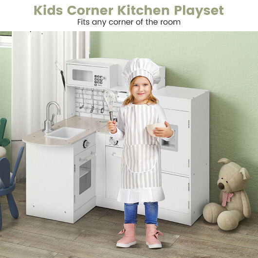 Conor L-Shape Kids Kitchen Playset - White Wood Toy with Realistic Microwave & Oven – Duvencioglu