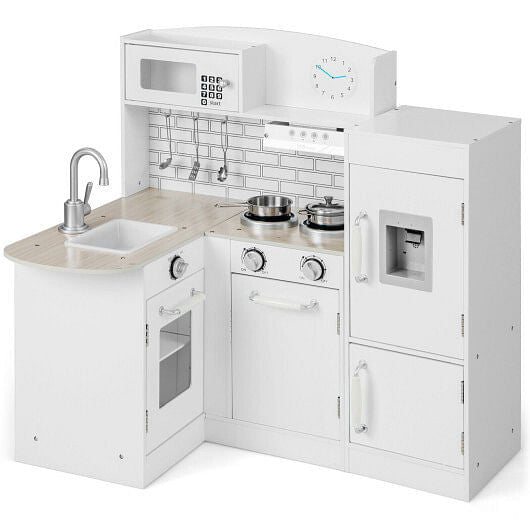 Conor L-Shape Kids Kitchen Playset - White Wood Toy with Realistic Microwave & Oven – Duvencioglu