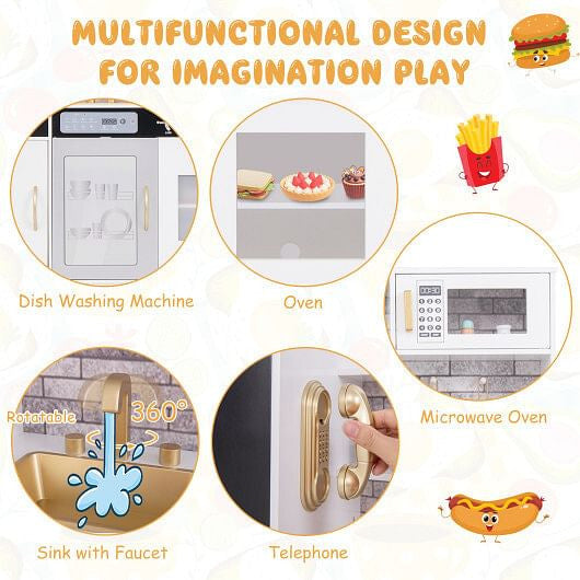 Multifunctional Kids Pretend Play Kitchen - Lights, Sounds & Dishwasher (White) – Duvencioglu