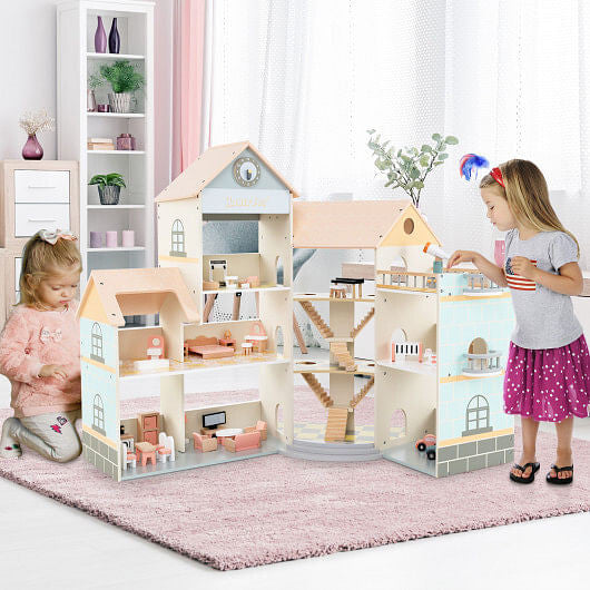 Wooden Corner Dollhouse Playset - 3 Stories, Garage & 41 Accessories – Duvencioglu