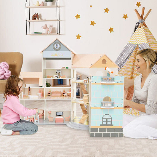 Wooden Corner Dollhouse Playset - 3 Stories, Garage & 41 Accessories – Duvencioglu