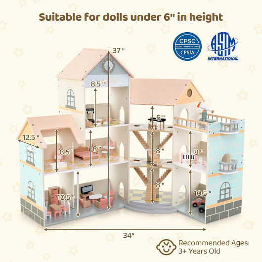Wooden Corner Dollhouse Playset - 3 Stories, Garage & 41 Accessories – Duvencioglu