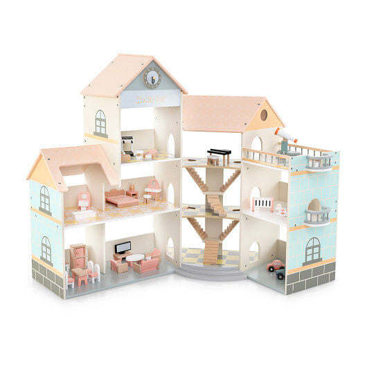 Wooden Corner Dollhouse Playset - 3 Stories, Garage & 41 Accessories – Duvencioglu