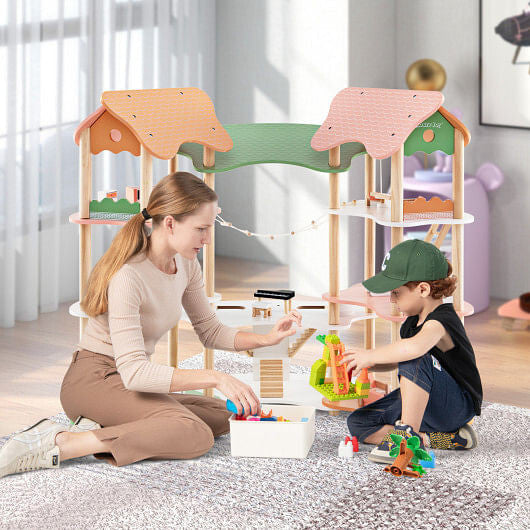 3-Tier Wooden Dollhouse Set - 7 Rooms, 32 Accessories & Pine Posts (Multicolor) – Duvencioglu
