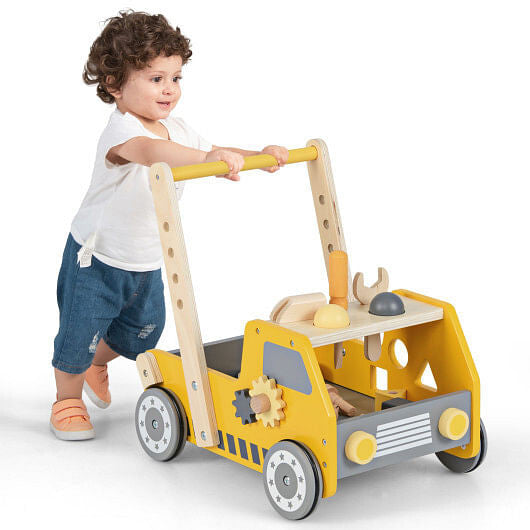 2-in-1 Wooden Baby Walker & Tool Bench - Adjustable Speed & Bottom Storage (Yellow) – Duvencioglu