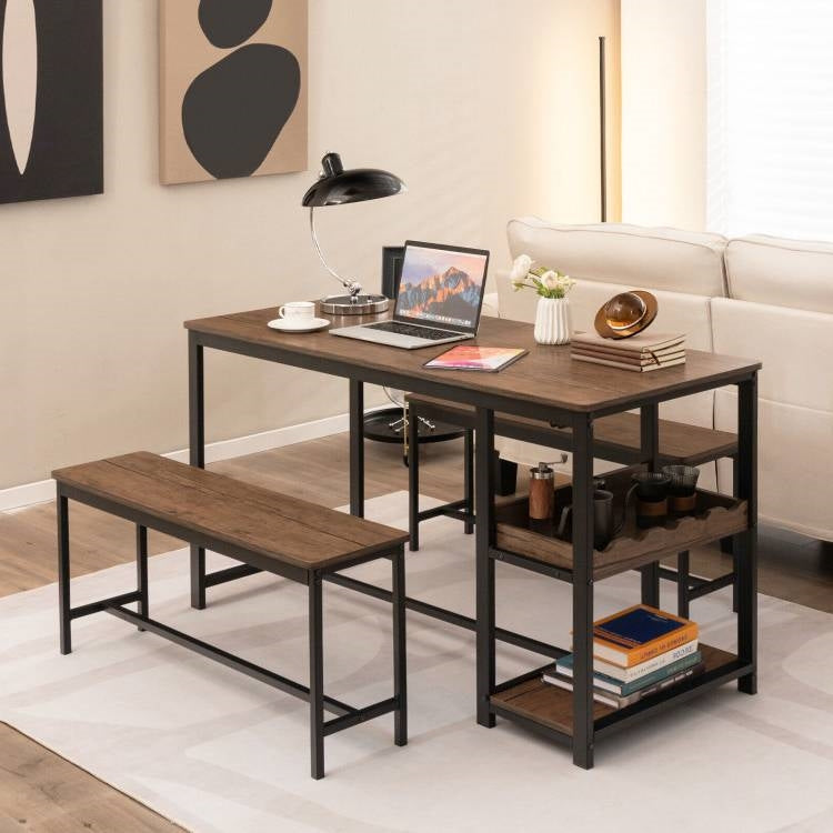 3-Piece Industrial Dining Set - Table, 2 Benches, & Integrated Wine Rack