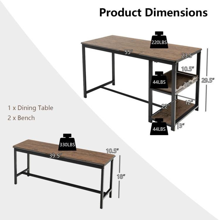 3-Piece Industrial Dining Set - Table, 2 Benches, & Integrated Wine Rack
