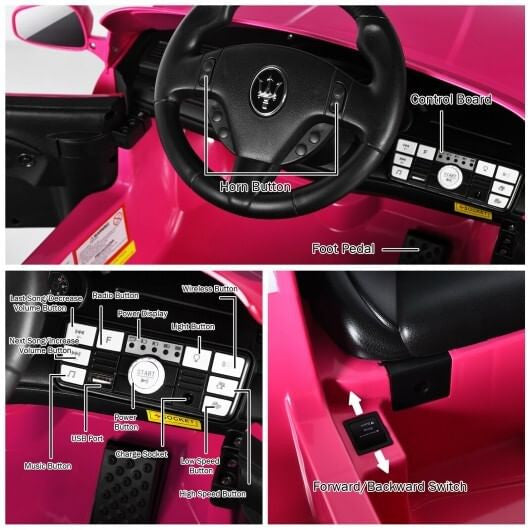 12V Licensed Maserati Kids Ride-On Car - Remote Control, LED Lights & Slow Start (Pink) – Duvencioglu