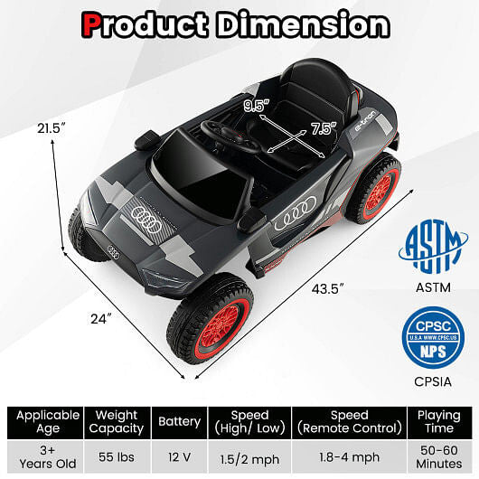 Licensed Audi E-tron Kids Ride-On Car - 2.4G Remote, Dual Control & Suspension (Gray) – Duvencioglu