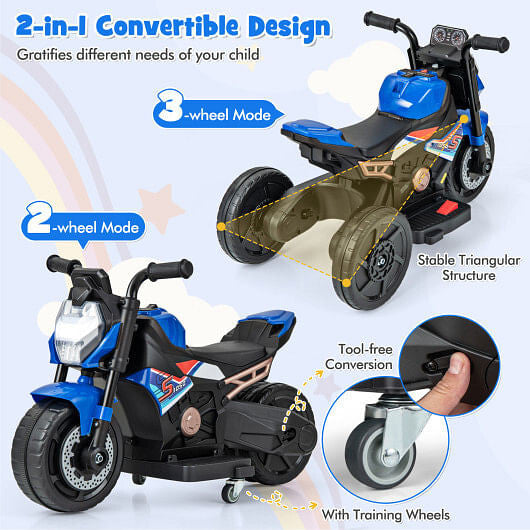 6V Kids Ride-on Motorcycle - Detachable Training Wheels & LED Lights (Blue) – Duvencioglu