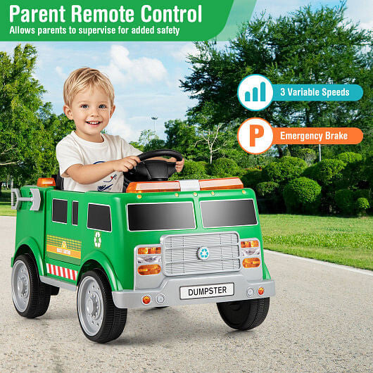 12V Kids Electric Garbage Truck Ride-On - Remote Control, Trash Bin & Recycling Play (Green) – Duvencioglu