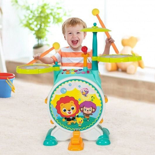 3-Piece Electric Kids Drum Set - Microphone, Stool & 4 Play Modes (Green) – Duvencioglu