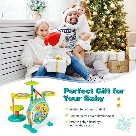 3-Piece Electric Kids Drum Set - Microphone, Stool & 4 Play Modes (Green) – Duvencioglu