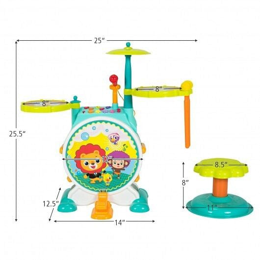 3-Piece Electric Kids Drum Set - Microphone, Stool & 4 Play Modes (Green) – Duvencioglu