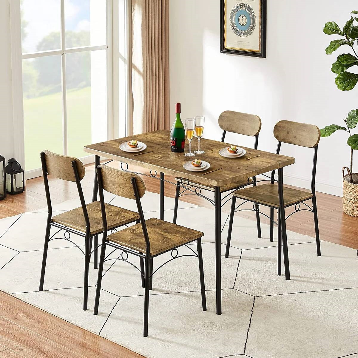 5-Piece Modern Industrial Dining Set - Wood Top Table & 4 Space-Saving Chairs – Duvencioglu