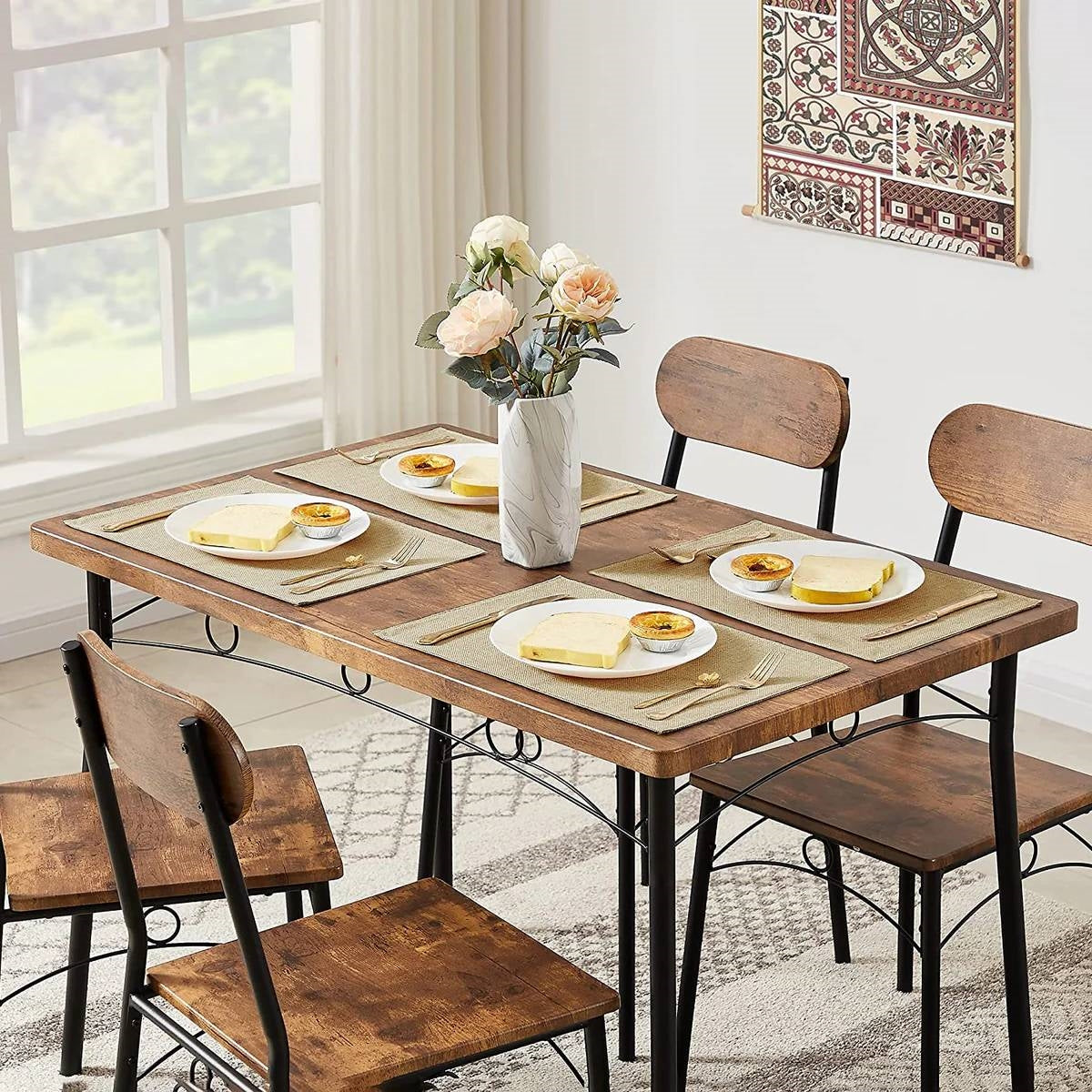 5-Piece Modern Industrial Dining Set - Wood Top Table & 4 Space-Saving Chairs – Duvencioglu