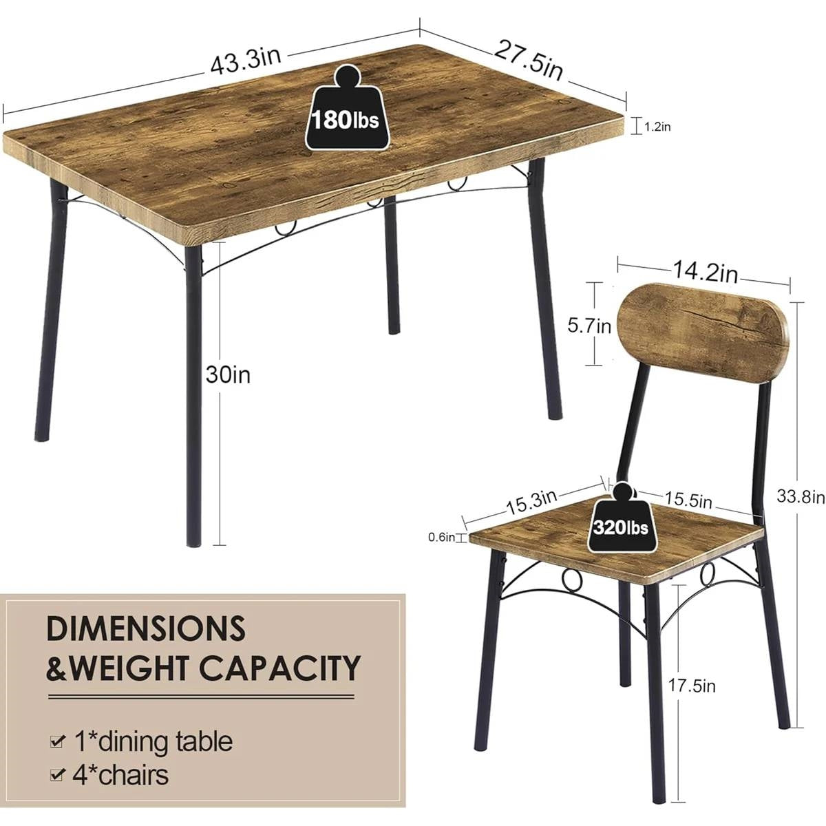 5-Piece Modern Industrial Dining Set - Wood Top Table & 4 Space-Saving Chairs – Duvencioglu