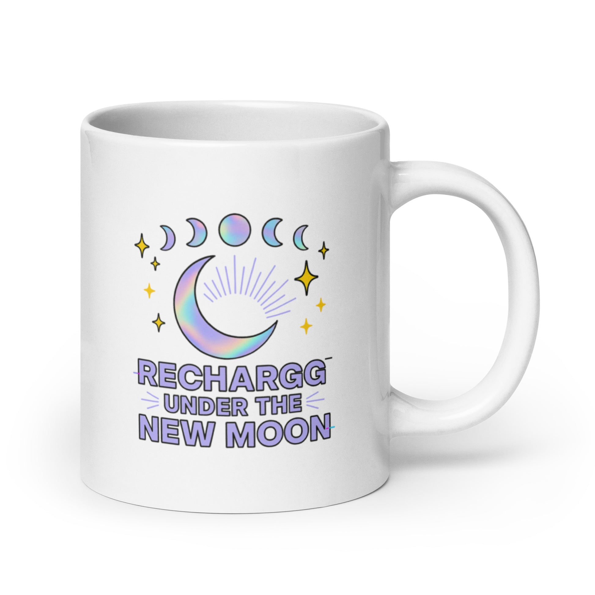 Recharge Under the New Moon Mug – Lunar Phase Pastel Holographic Cup – Duvencioglu