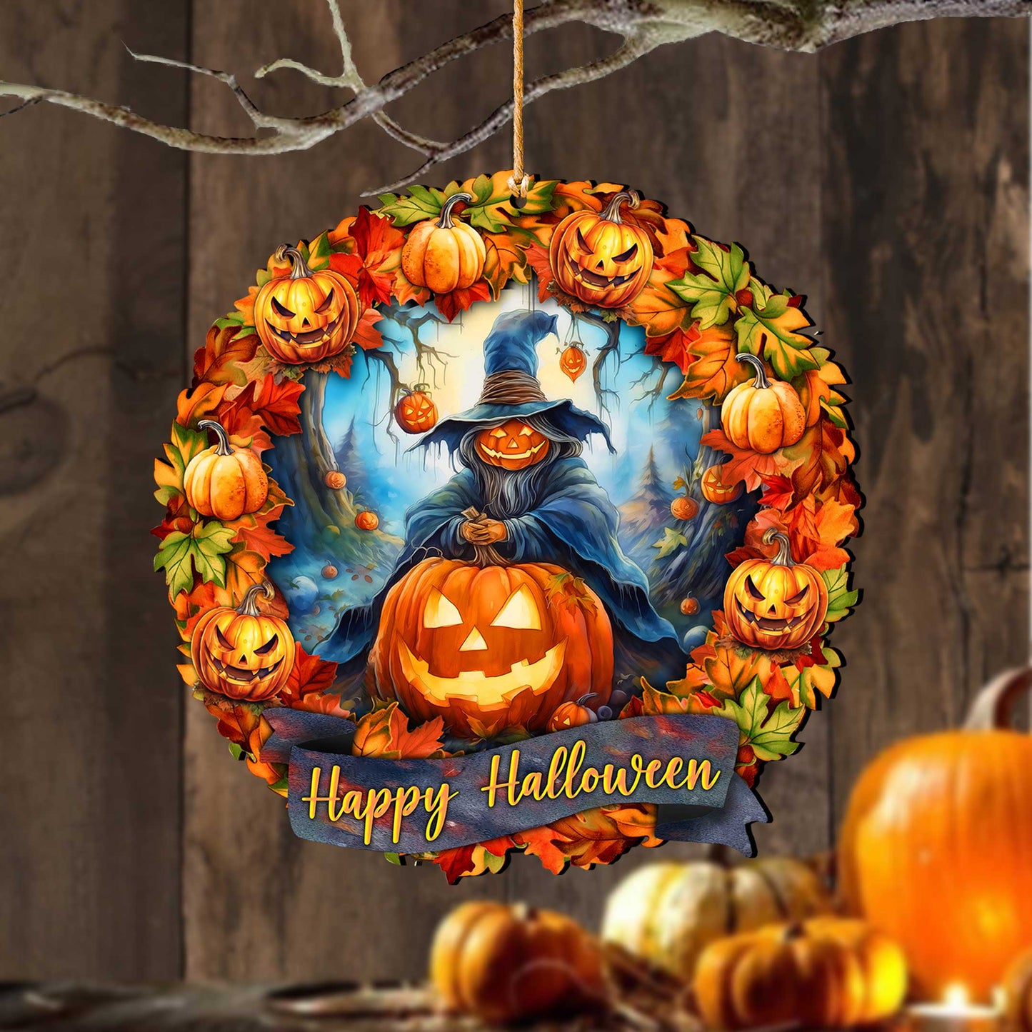 "Happy Halloween" Wreath Wooden Ornament - Handcrafted Keepsake by G. Debrekht (Made in USA) – Duvencioglu