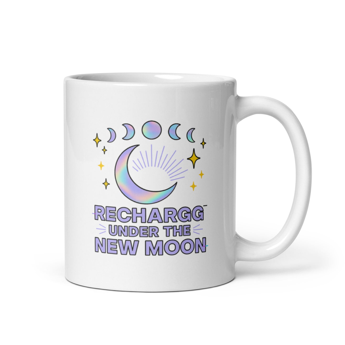 Recharge Under the New Moon Mug – Lunar Phase Pastel Holographic Cup – Duvencioglu