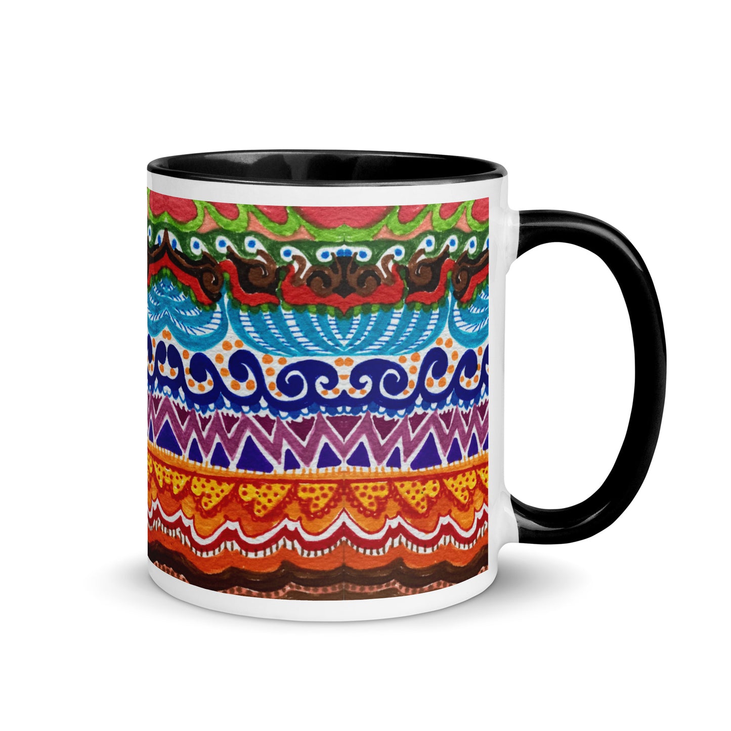 Boho Tribal Pattern Mug – Colorful Ethnic Waves and Geometric Shapes Ceramic Cup – Duvencioglu