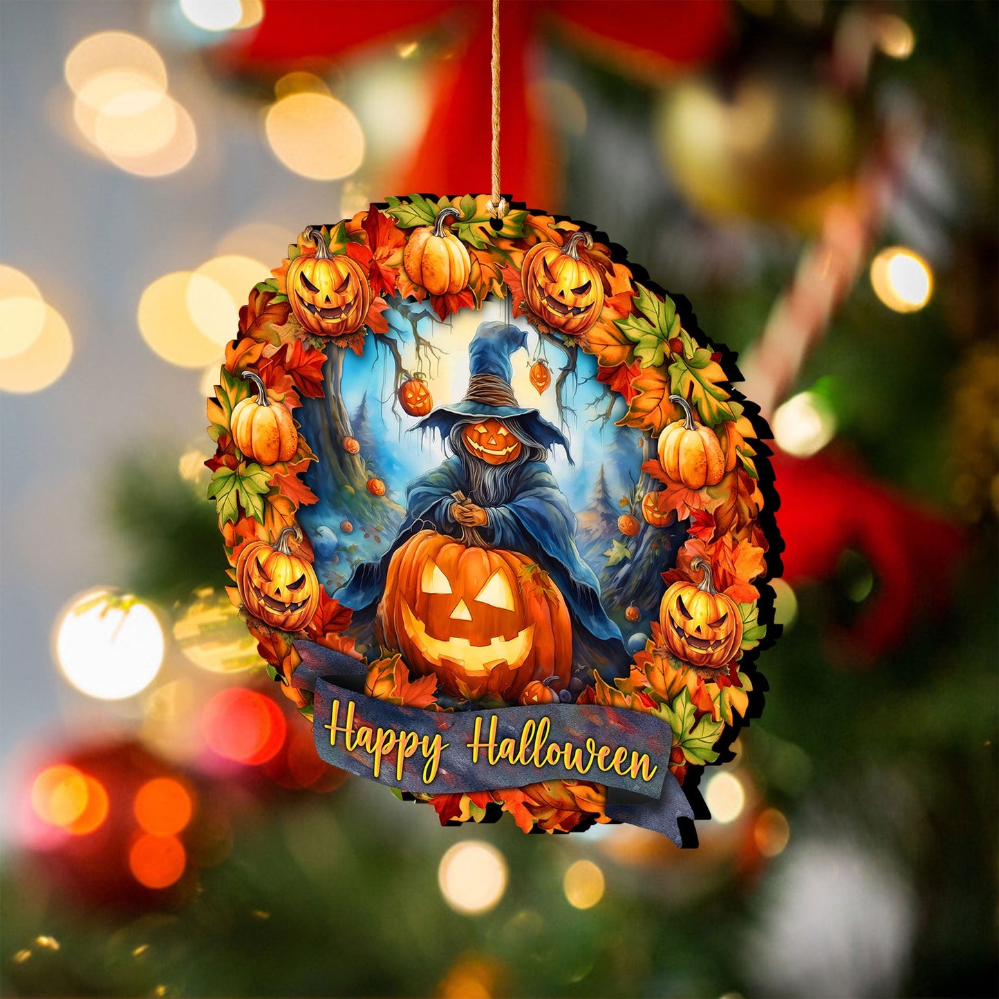 "Happy Halloween" Wreath Wooden Ornament - Handcrafted Keepsake by G. Debrekht (Made in USA) – Duvencioglu