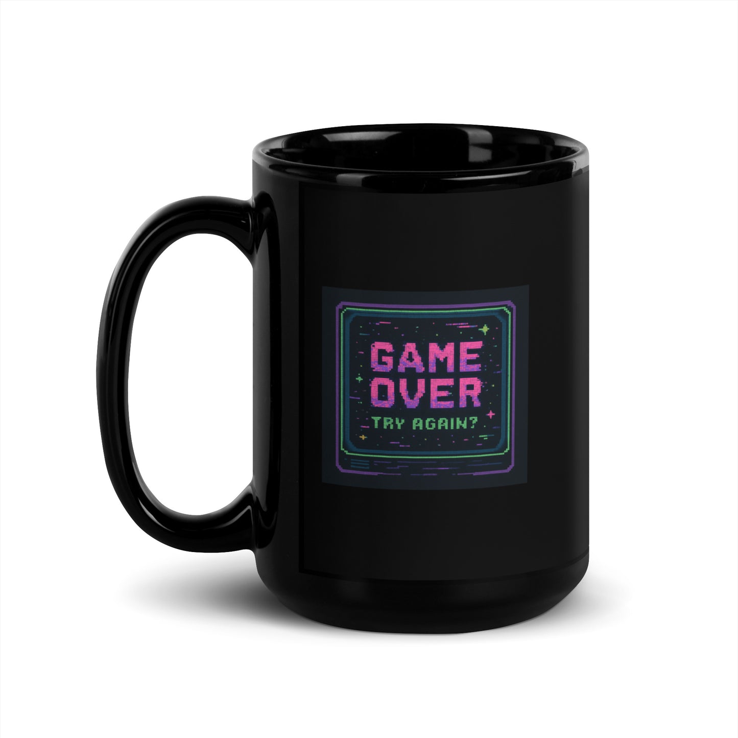 Retro Game Over Mug – 90s Arcade Pixel Art – Funny Gamer Gift – Try Again Neon Mug – Nostalgic Coffee Cup – Duvencioglu