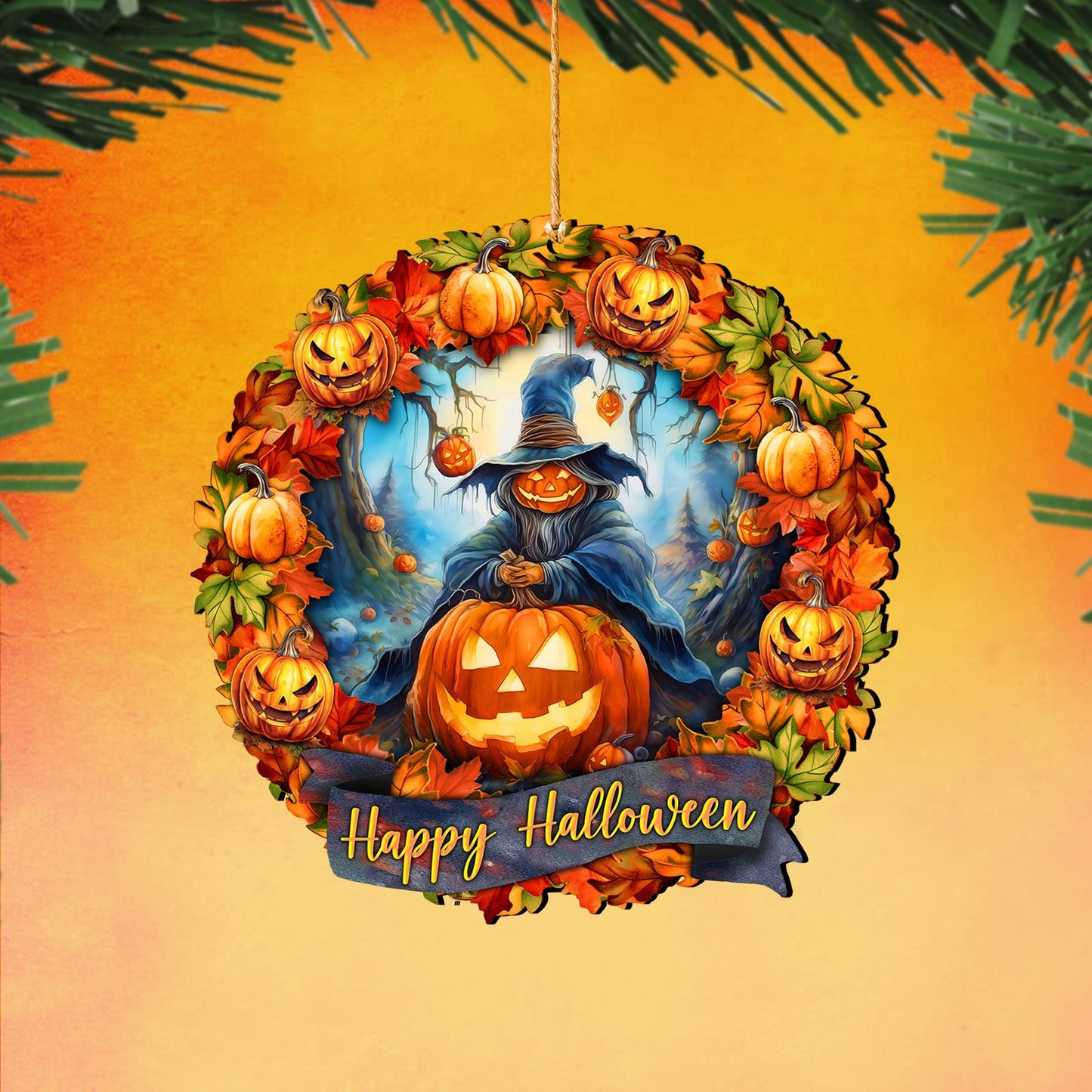 "Happy Halloween" Wreath Wooden Ornament - Handcrafted Keepsake by G. Debrekht (Made in USA) – Duvencioglu
