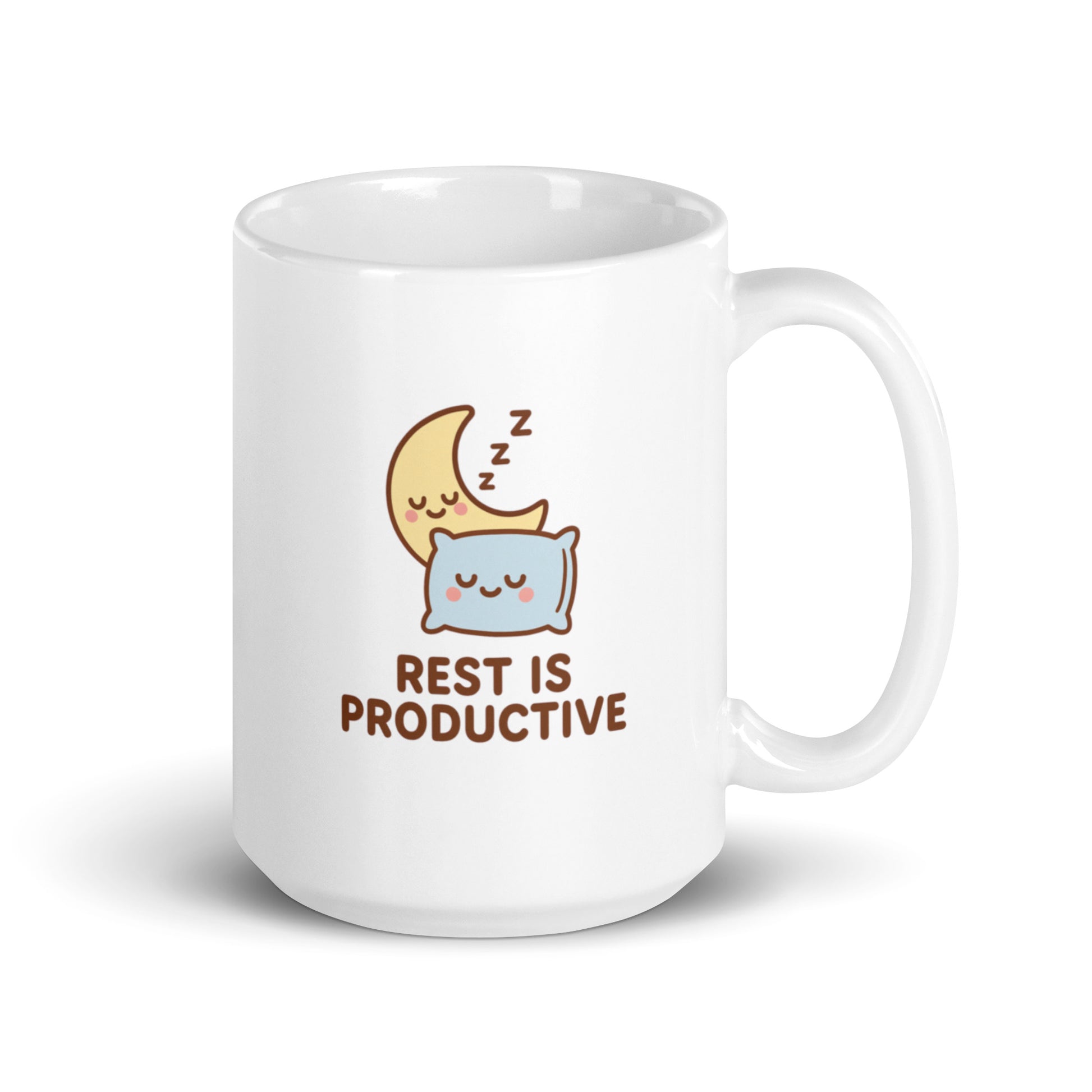 Rest Is Productive Mug – Kawaii Moon & Pillow Design, Cute Mental Health Reminder, Cozy Sleepy Gift – Duvencioglu