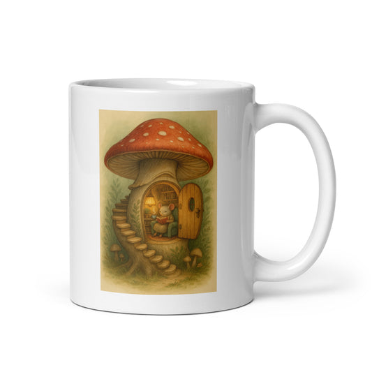 Mushroom House Mouse Mug – Cozy Reading Nook Forest Design – Duvencioglu