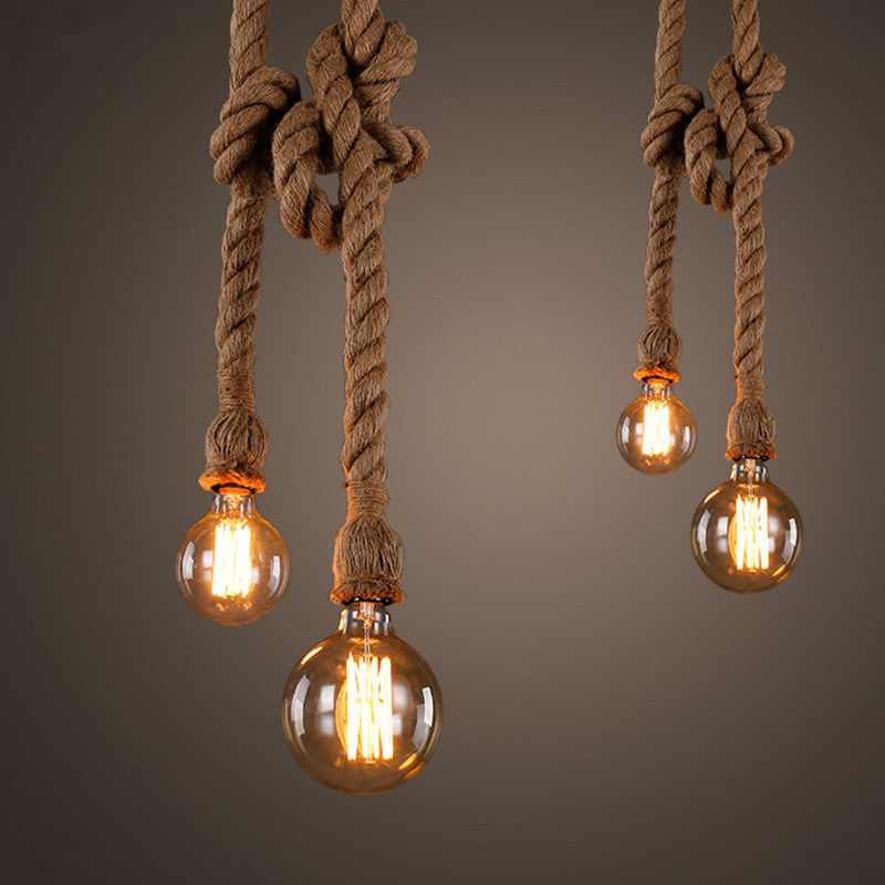Vintage Hemp-Rope LED Chandelier – Single or Double-Head Industrial Pendant – Duvencioglu