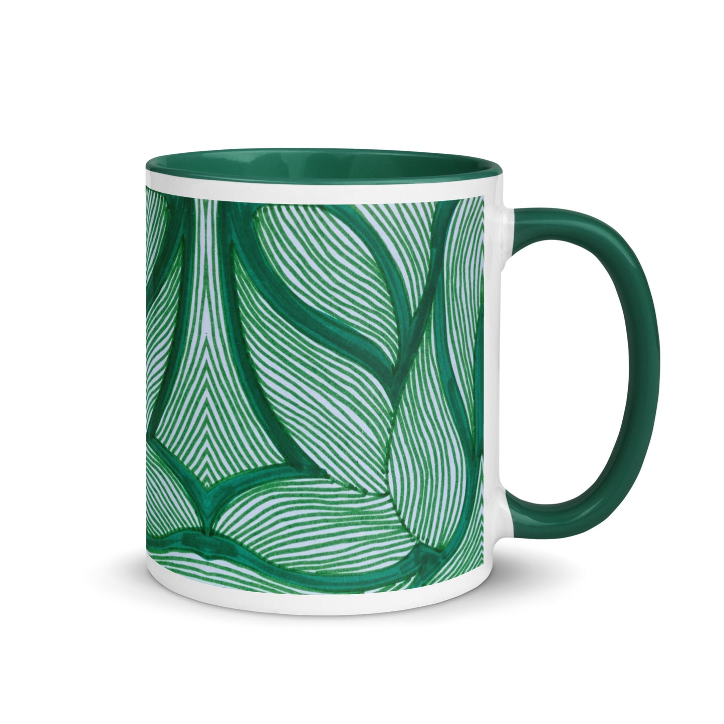 Minimal Leaf Line Art Mug – Hand Drawn Green Botanical Pattern, Calm Nature Coffee Cup – Duvencioglu