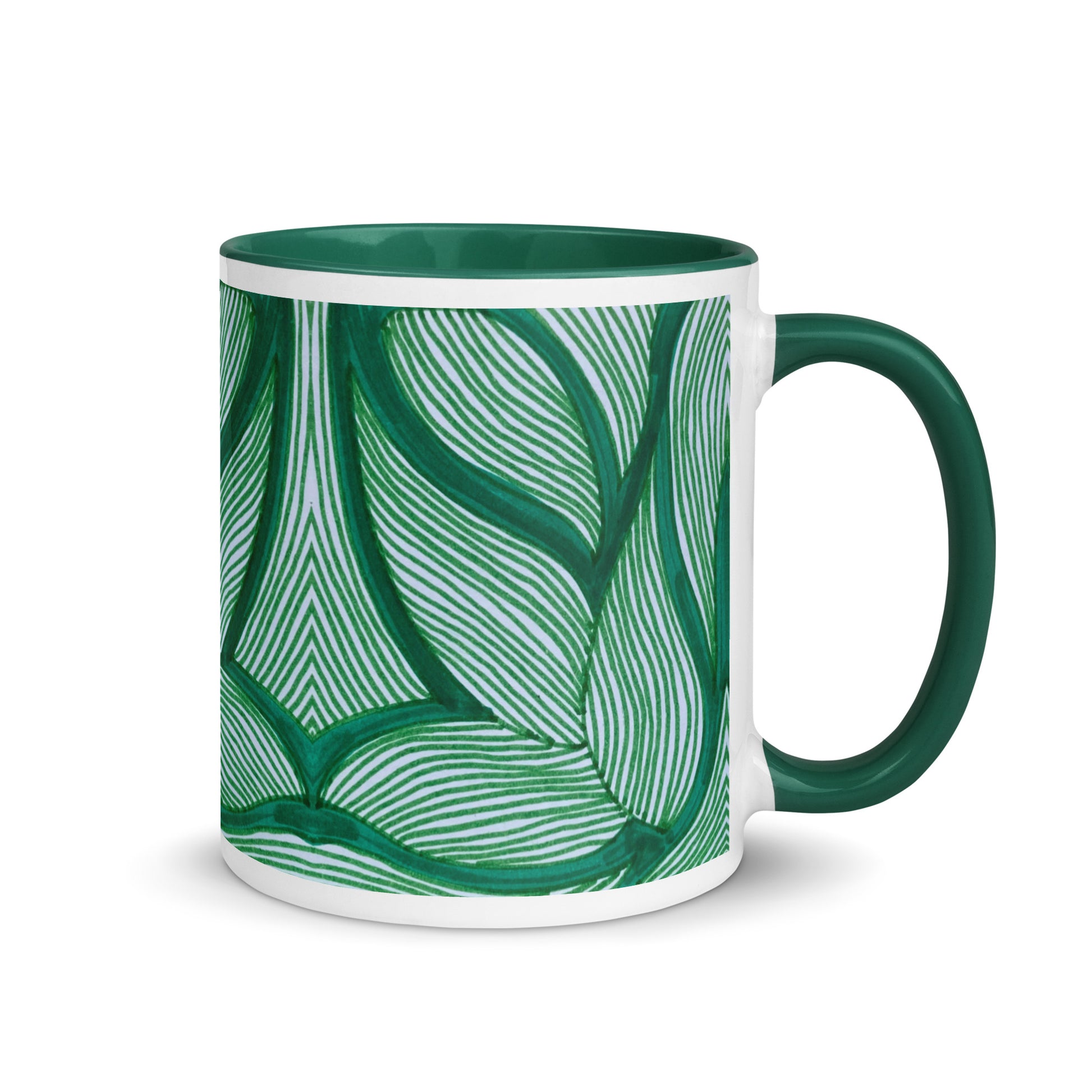 Minimal Leaf Line Art Mug – Hand Drawn Green Botanical Pattern, Calm Nature Coffee Cup – Duvencioglu