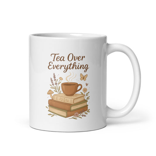 Tea Over Everything Mug – Cottagecore Books & Tea Illustration – Cozy Vintage Aesthetic Cup – Nature-Inspired Reading Gift – Duvencioglu