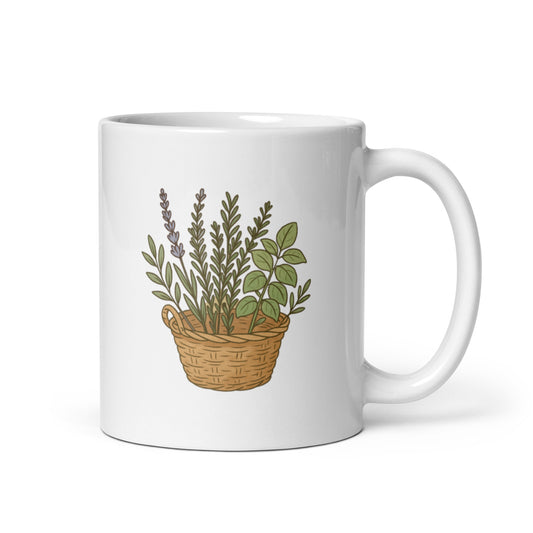 Vintage Basket and Wild Herbs Mug – Rustic Cottage Kitchen Design – Cozy Natural Aesthetic Coffee Cup – Simple Home Gift Idea – Duvencioglu