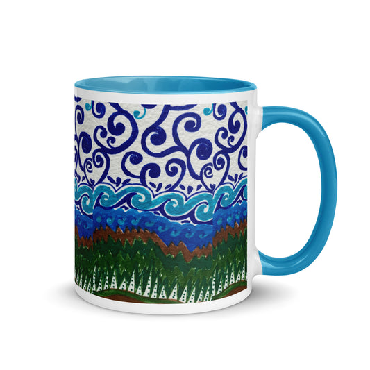 Mountain Forest Mug with Ocean Waves and Sky Swirls – Hand-Drawn Nature Landscape Coffee Cup – Duvencioglu