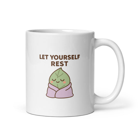 Let Yourself Rest Mug – Kawaii Leaf Character, Cute Mental Health Cup, Gentle Self Care Reminder – Duvencioglu