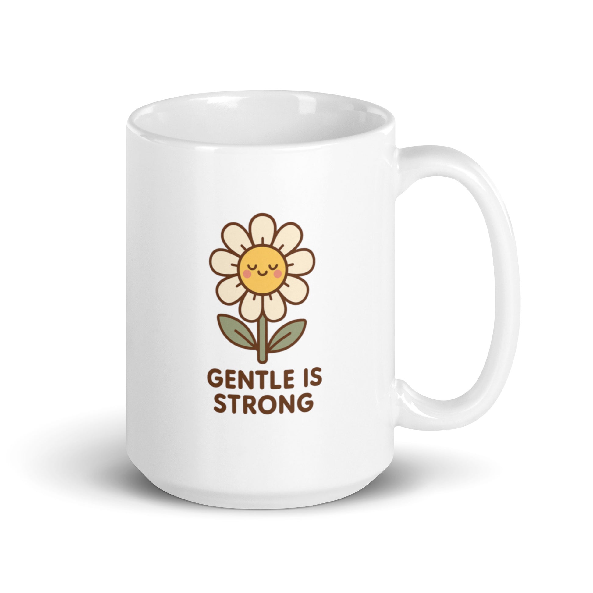 Gentle Is Strong Mug – Kawaii Daisy Flower Illustration, Positive Self Love Gift, Cute Floral Quote Cup – Duvencioglu