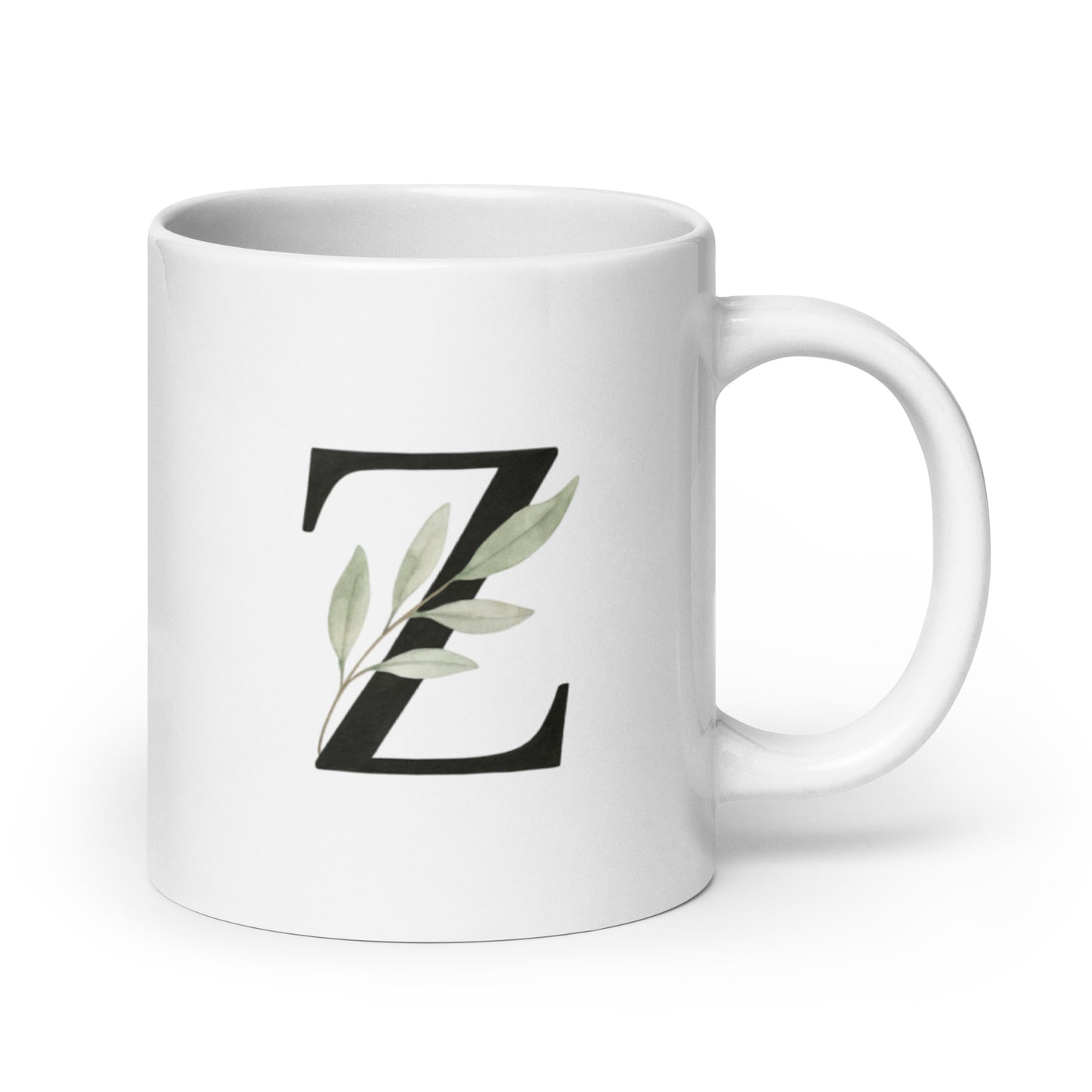 Olive Branch Mug with Z Initial – Watercolor Botanical Letter Cup – Personalized Peaceful Gift – Custom Name Coffee Mug – Duvencioglu